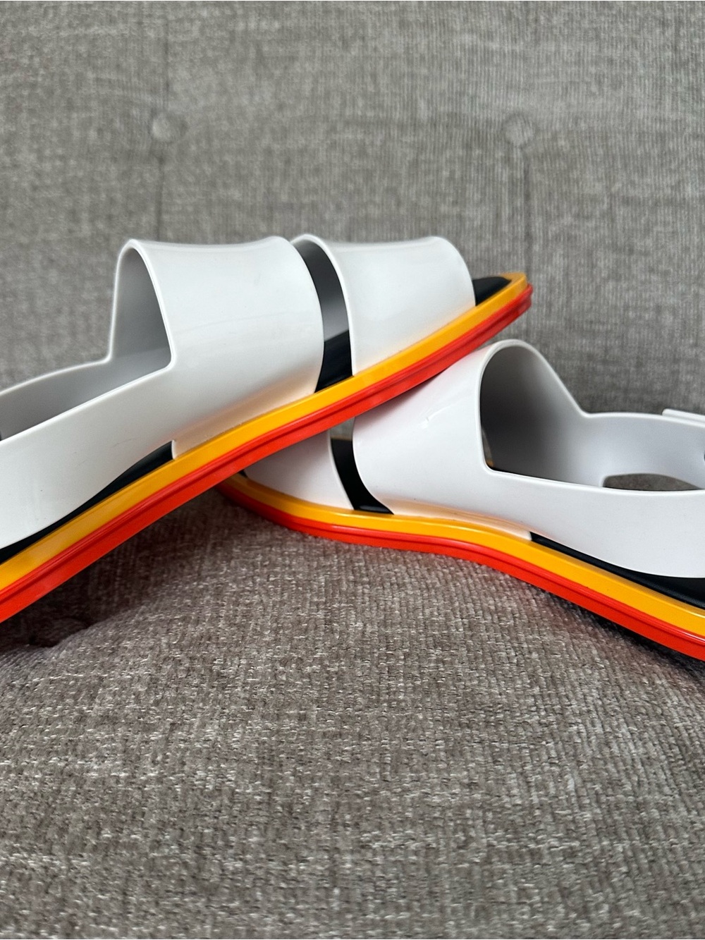 Melissa White Slide Sandals with Yellow and Red Layered Sole